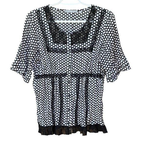 NY Collection Womens Blouse Size M Black Polka Dot Romantic Goth Retro Secretary - Picture 1 of 7